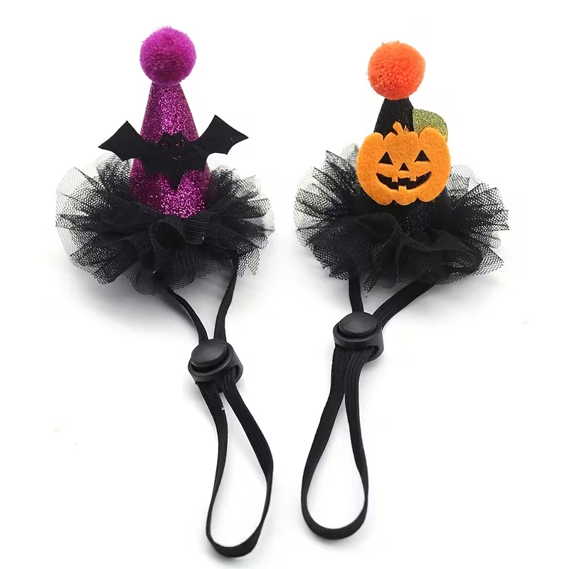Party Hat Cone - ハロウィンミニペットパーティーヘッドバンド、バット＆パンプキンコーンハット、シアーチュールポンポン付き、調節可能なゴムバンド、ペットアクセサリー