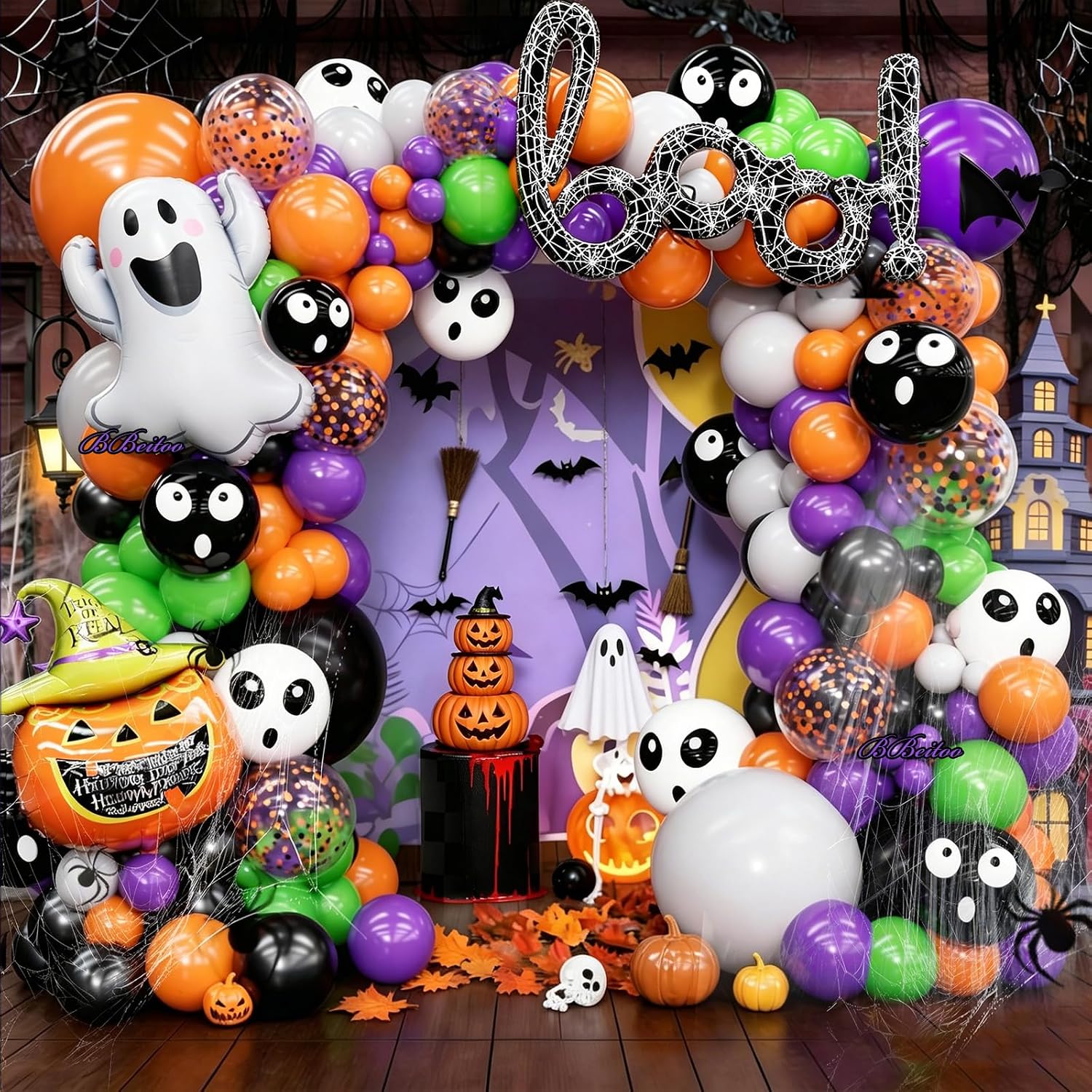 Balloon Arch Kit - 184個のハロウィンバルーンアーチキット（ゴーストとパンプキンのフォイルバルーン付き）