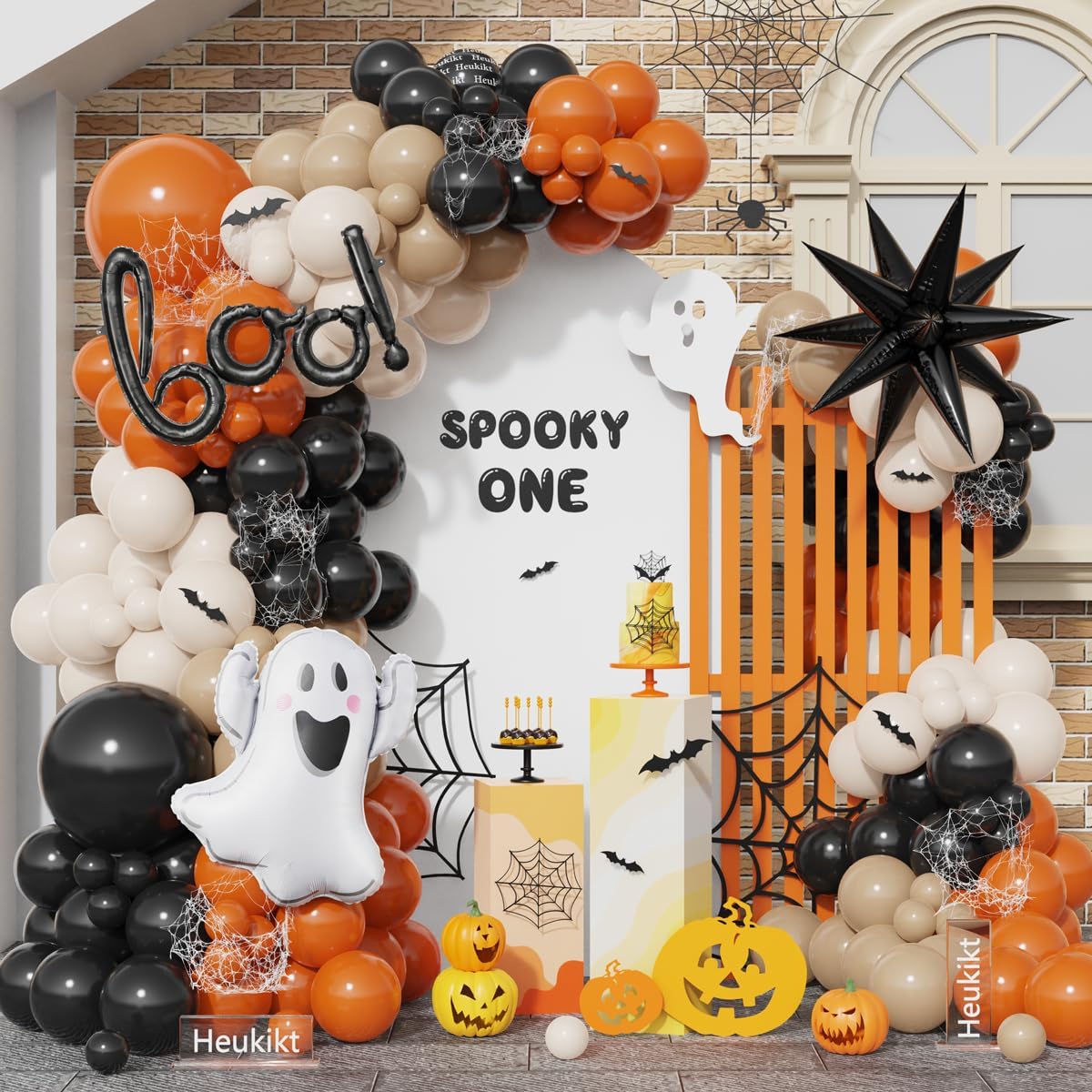 Balloon Arch Kit - ハロウィン リトルBOO バルーンガーランドアーチキット、151個のブラック・バーントオレンジ・レトロホワイトラテックスバルーンとゴースト・ブーフォイルバルーンで構成された、不気味なコスチューム用ハロウィンパーティーデコレーション